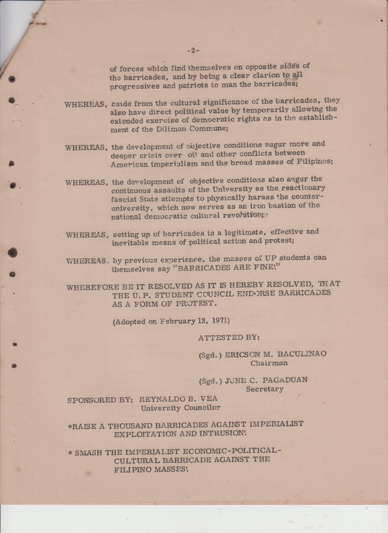 Resolution of the Student Council of the College of Arts and Sciences on the Barricades